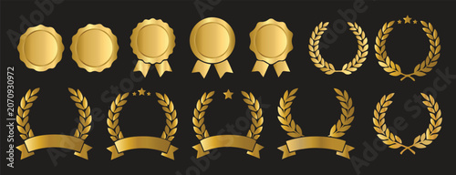 Set of golden achievement badges and laurel wreaths award icons isolated on black background with achievement collection illustration