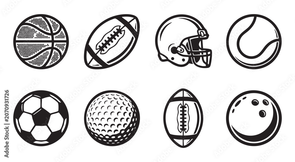 Fototapeta premium Black and white vector illustration depicting assorted sports balls and classic gridiron head gear.