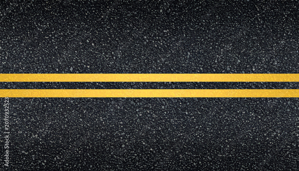 Fototapeta premium A high-detail top-down overhead view of a dark asphalt road surface featuring clear, vibrant parallel yellow traffic lines dividing the lane, captured with a professional texture perspective.