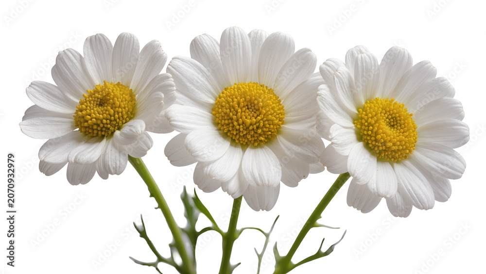 Fototapeta premium Isolated beautiful white daisies with vibrant yellow centers and green stems, close up studio shot