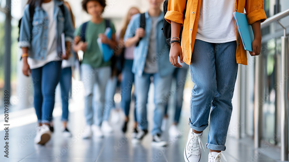 Obraz premium Anonymous diverse group of teenage students walking through a modern school hallway between classes, youth and education concept, faceless, defocused with copy space