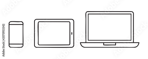 Collection of outline electronic devices including mobile phone tablet and laptop computer icons.