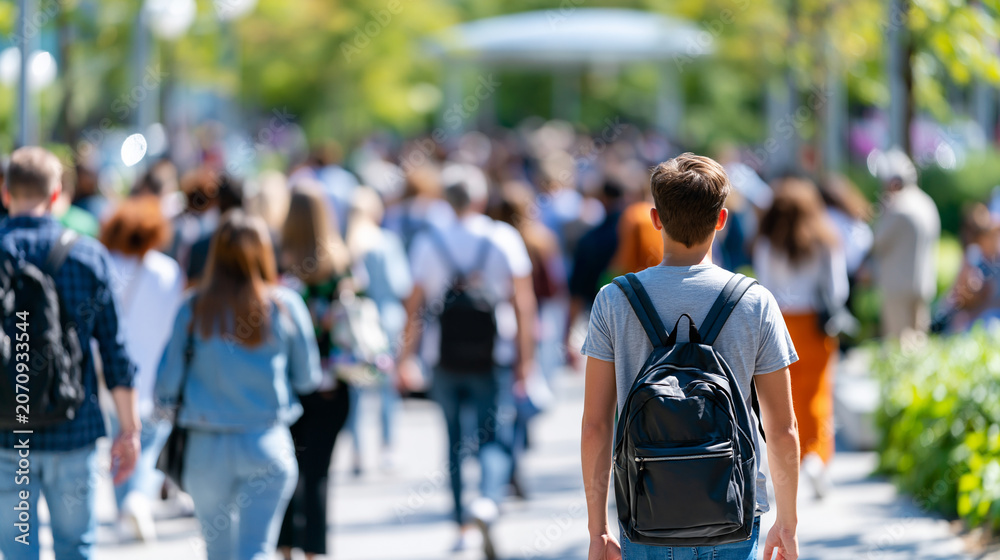 Fototapeta premium Anonymous crowd of students walking through a college campus on a sunny day with motion blur, busy campus life concept, faceless, defocused with copy space