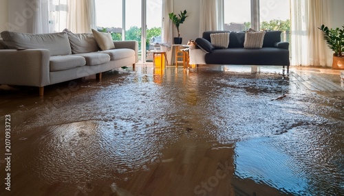 a flooded living room shows water damage soaking the floor and furniture concept of natural disaster home emergency and insurance concern