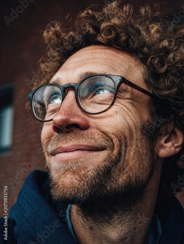 Smiling man with curly hair and glasses