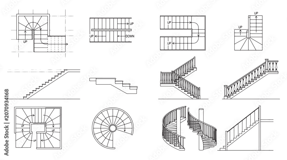 Obraz premium Architectural Staircase Plans and Stair Details Set — Floor Plans, Elevations and Spiral Stair Drawings Blueprint