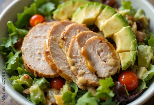Close-up of fresh turkey avocado salad bowl, tender turkey slices, creamy avocado, leafy greens, colorful vegetables, light sauce drizzle, natural lighting.