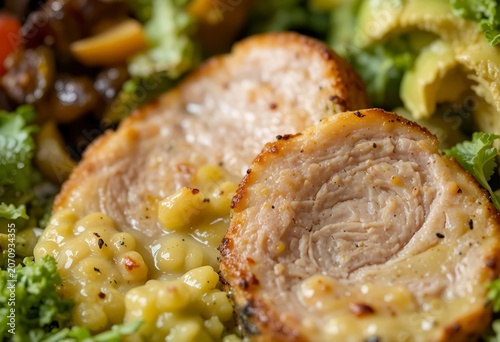 Macro shot of turkey avocado salad, perfectly sliced turkey meat, creamy avocado texture, fresh greens, sauce drops.