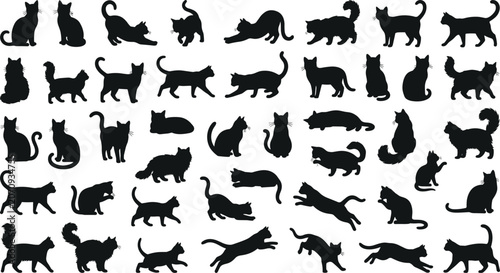 Large collection of black cat silhouettes in various poses including stretching sleeping jumping walking and sitting isolated on a white background vector illustration