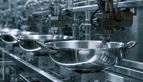 Midlevel frame capturing a countersunk riveting process embedding smooth flushfit metal handles onto premium pans in a modern manufacturing line.