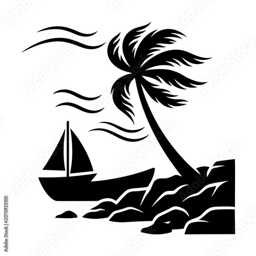 Windy palm coast with sailboat and rocky shore