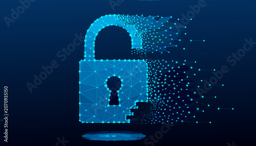 Fotografi Digital padlock dissolving into particles against dark background symbolizing da
