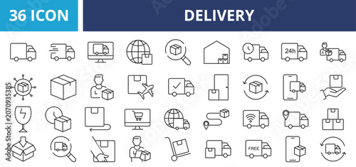 Delivery web banner icon set outline vector illustrations concept with icon shipping, delivery, box, courier, service, package, business