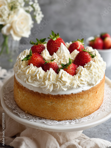 Strawberry shortcake dessert with whipped cream topping