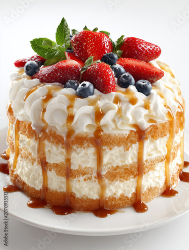 Layered cake with whipped cream, berries, and caramel drizzle