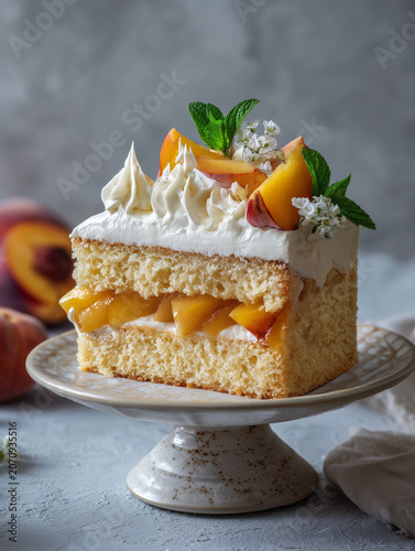 Peach cake slice with cream and mint garnish