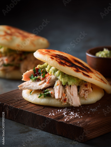 Arepas filled with shredded chicken and avocado