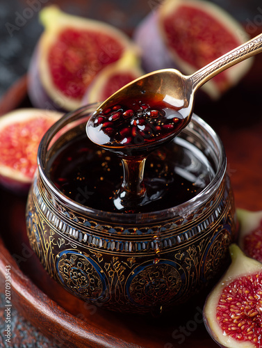 Fig jam spooning from ornate jar with fresh figs