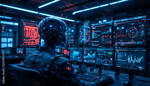 Cyborg monitors security threats on numerous digital displays within a high tech operations command.