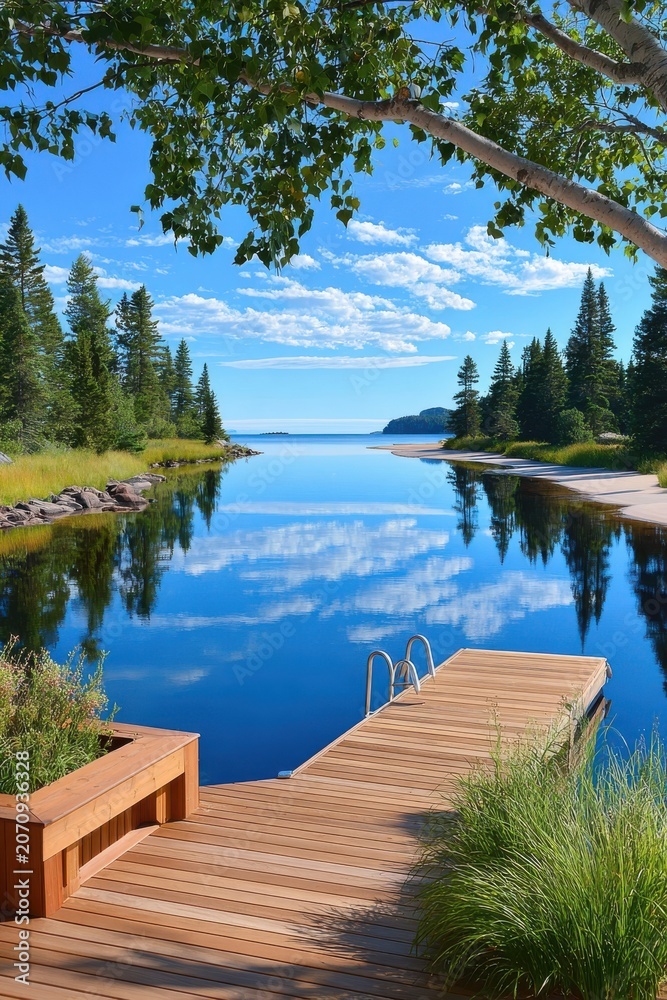 Fototapeta premium Peaceful wooden dock on a calm forest lake reflecting blue sky and clouds at summer shore