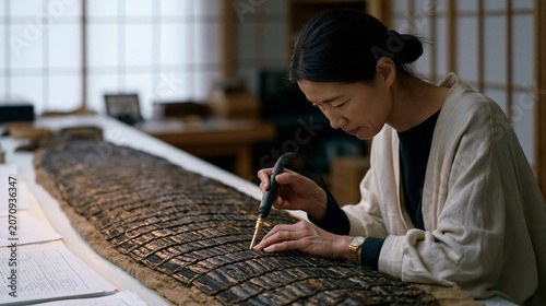 Armor conservation technician in a Tokyo museum study room uses a fiber-optic probe to examine the lacquered leather lamellae of an Ō-yoroi suit laid flat on an acid-free foam
