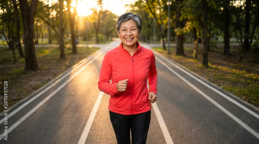 Obraz premium Happy Asian senior woman running for fitness outdoors on a park track, active lifestyle and healthy aging at sunset