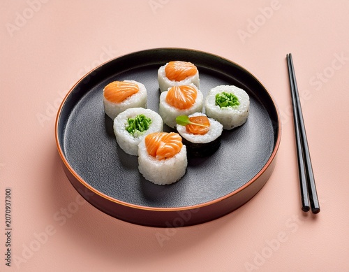 minimal sushi plate with chopsticks and clean modern food styling