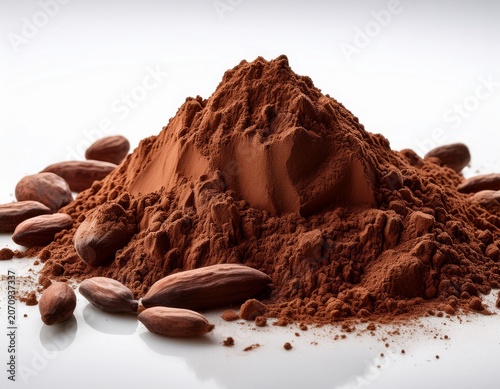 a close up image of rich dark cocoa powder scattered on a white surface showcasing its fine texture and deep brown color