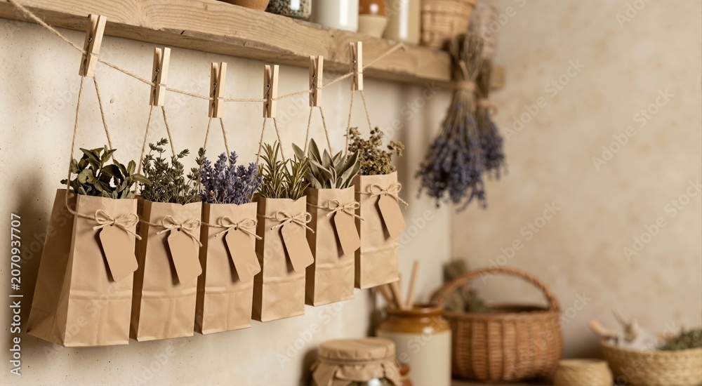 Obraz premium Dried herbs in brown paper bags hanging on twine with wooden clothespins. Rustic eco-friendly kitchen storage and natural preservation concept