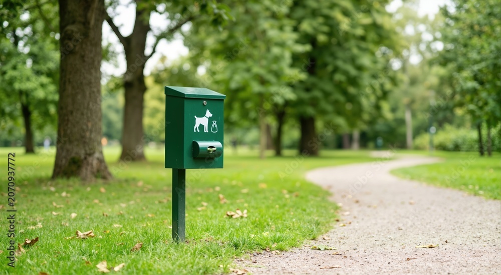 Naklejka premium Green metal dog waste bin with bag dispenser in public park. Pet sanitation station next to gravel walking path. Responsible pet ownership concept