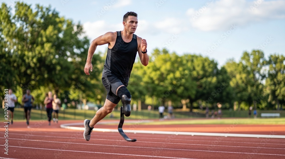 Obraz premium Amputee athlete running on an outdoor track during a bright sunny day representing determination and personal achievement in sports
