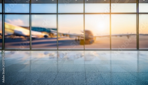 blurred background of a modern airport hall check in counter airplanes outside the window departure lounge arrival travel architecture out of focus photo copy space bokeh