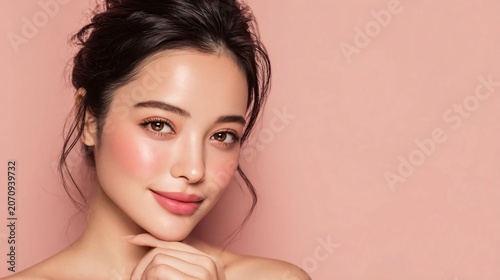 Beautiful Asian woman with flawless skin and elegant makeup posing against a soft pink background for a skin care and beauty concept portrait