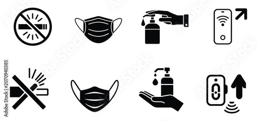 Fotografie Public Health and Safety Icons: A collection of eight essential icons depicting public health and safety measures, including no smoking, face mask, hand sanitizer, and Wi-Fi connectivity symbols