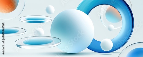 Abstract composition of blue spheres and glass rings with soft gradients and modern minimal design