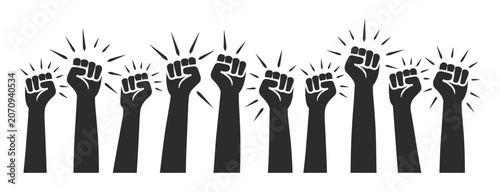Fotografie Raised Fists Symbolizing Protest: A powerful visual representation of solidarity and resistance, featuring a series of raised fists against a backdrop of radiant bursts
