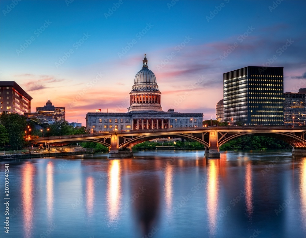 Obraz premium dusk view of a city skyline featuring a state capitol building and bridge over water