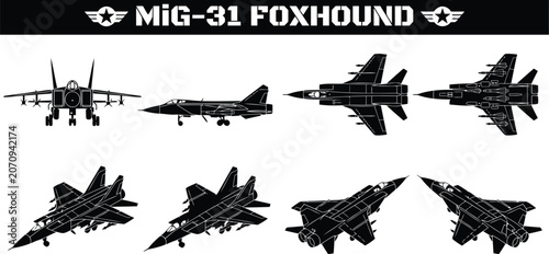 Cuadro en lienzo MiG-31 Foxhound Long Range Interceptor Aircraft Silhouette Vector Set