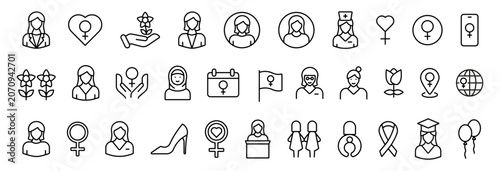 Women and feminism icon set. Female equality, rights and empowerment symbols. Vector outline icons