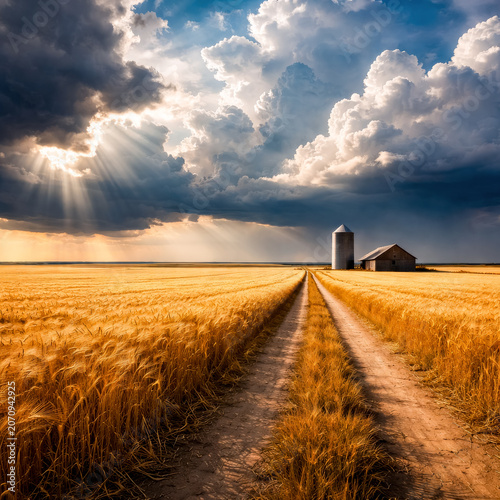 A dirt road passes through a golden wheat field leading toward a distant farm barn and silo.