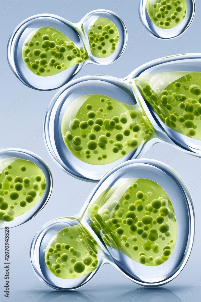 Obraz premium Transparent reflective spheres and green liquid blobs suggest microscopic cells and modern biotech concepts