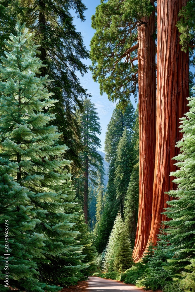Fototapeta premium Giant sequoia and towering redwood trees lining a peaceful forest path through dense green woodland