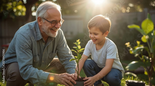 A senior grandfather and a small boy looking down while planting a young green tree together at sunset. sustainable family gardening, active elderly lifestyle, eco education.