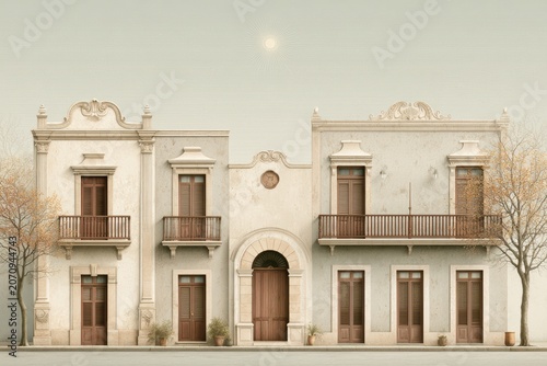 Colonial building facades, symmetrical vintage architecture under pale sun, tranquil aesthetic