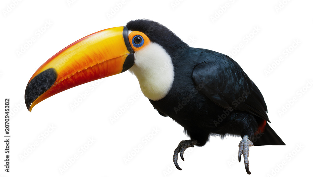 Fototapeta premium Isolated Toco Toucan exotic bird with vibrant yellow-orange beak and striking black-white plumage