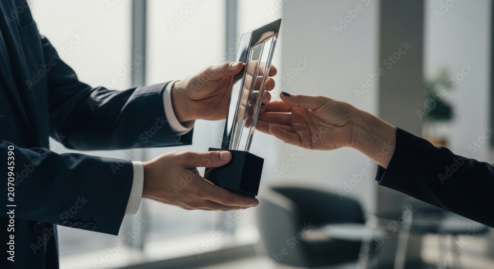 Naklejka premium Hands exchanging a modern glass award in a bright, contemporary office, symbolizing achievement and recognition.