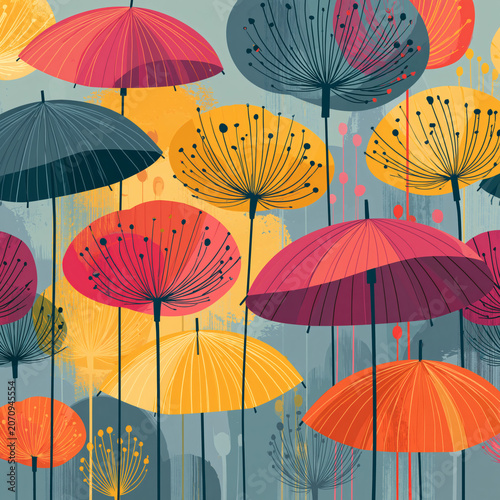 Colorful Stylized Umbrellas Pattern – Vibrant Summer Rain Illustration