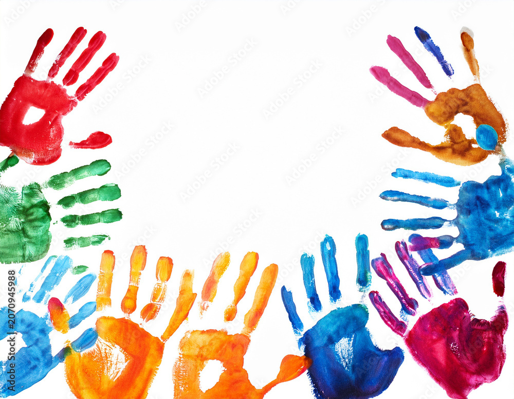 Fototapeta premium Vibrant Multicolored Handprints on a White Playful and Creative Background