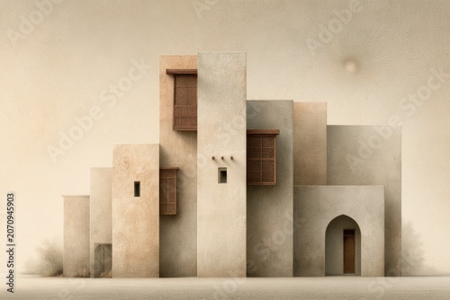 Minimalist middle eastern architecture, beige adobe buildings, geometric shapes, traditional lattice windows