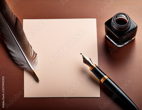 Elegant Writing Tools Featuring Quill Pen, Ink Bottle, and Blank Paper